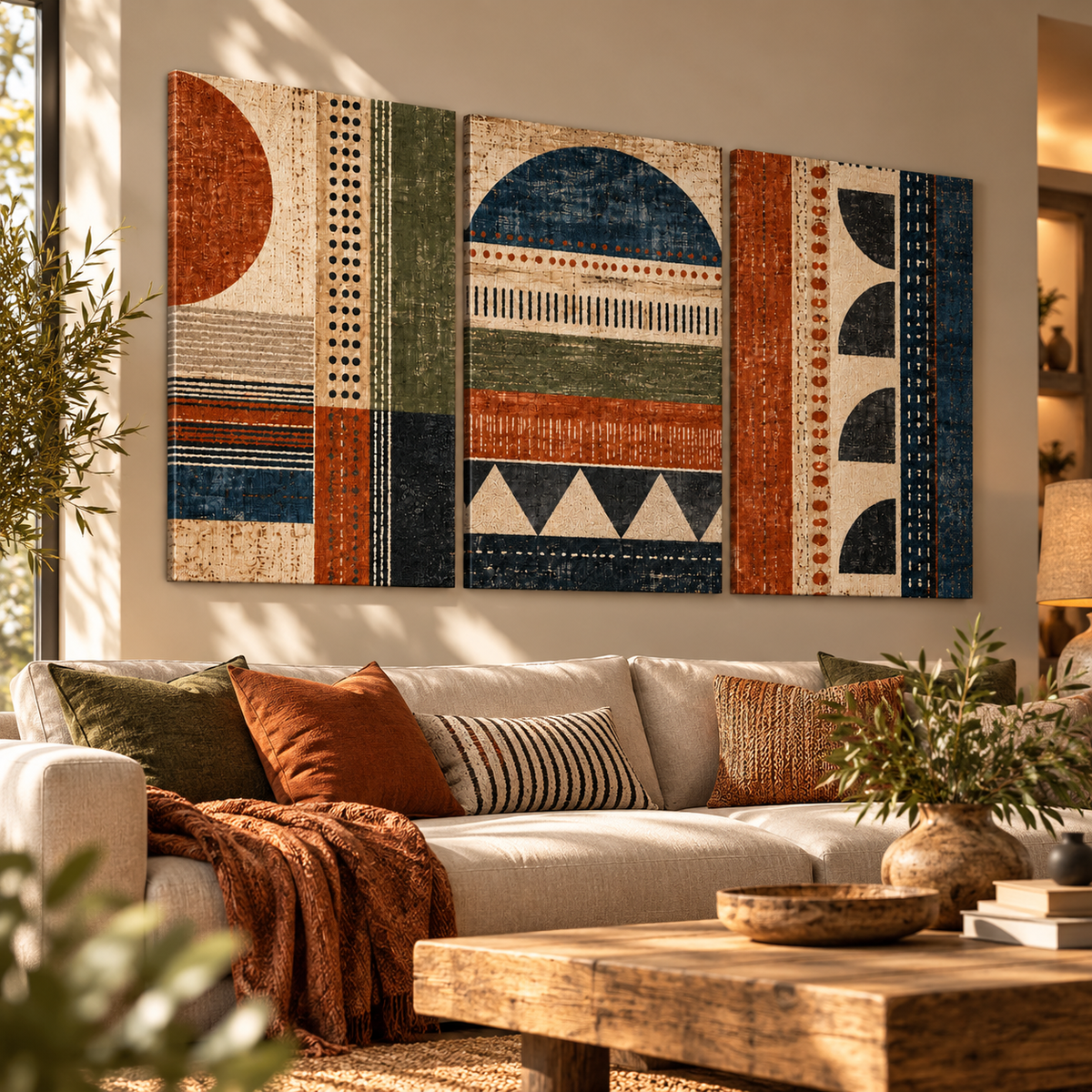 Motira etnik geometrik desenli üçlü kanvas tablonun sıcak tonlarla dekore edilmiş salonda soldan görünümü.