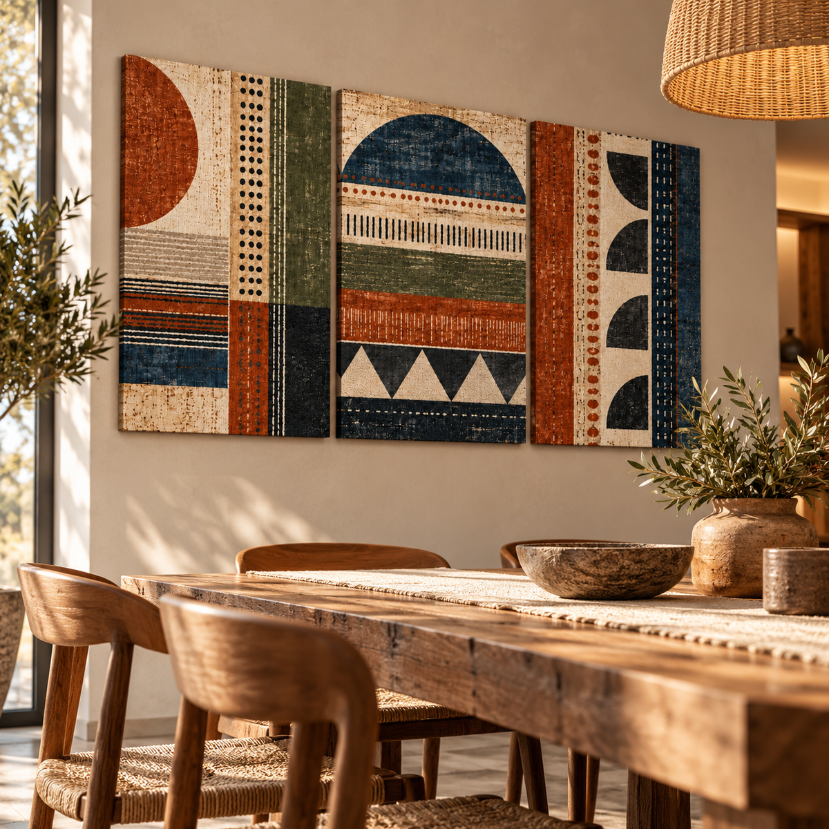 Motira etnik desenli üçlü kanvas tablonun doğal ahşap detaylı alçak yemek alanında soldan görünümü.
