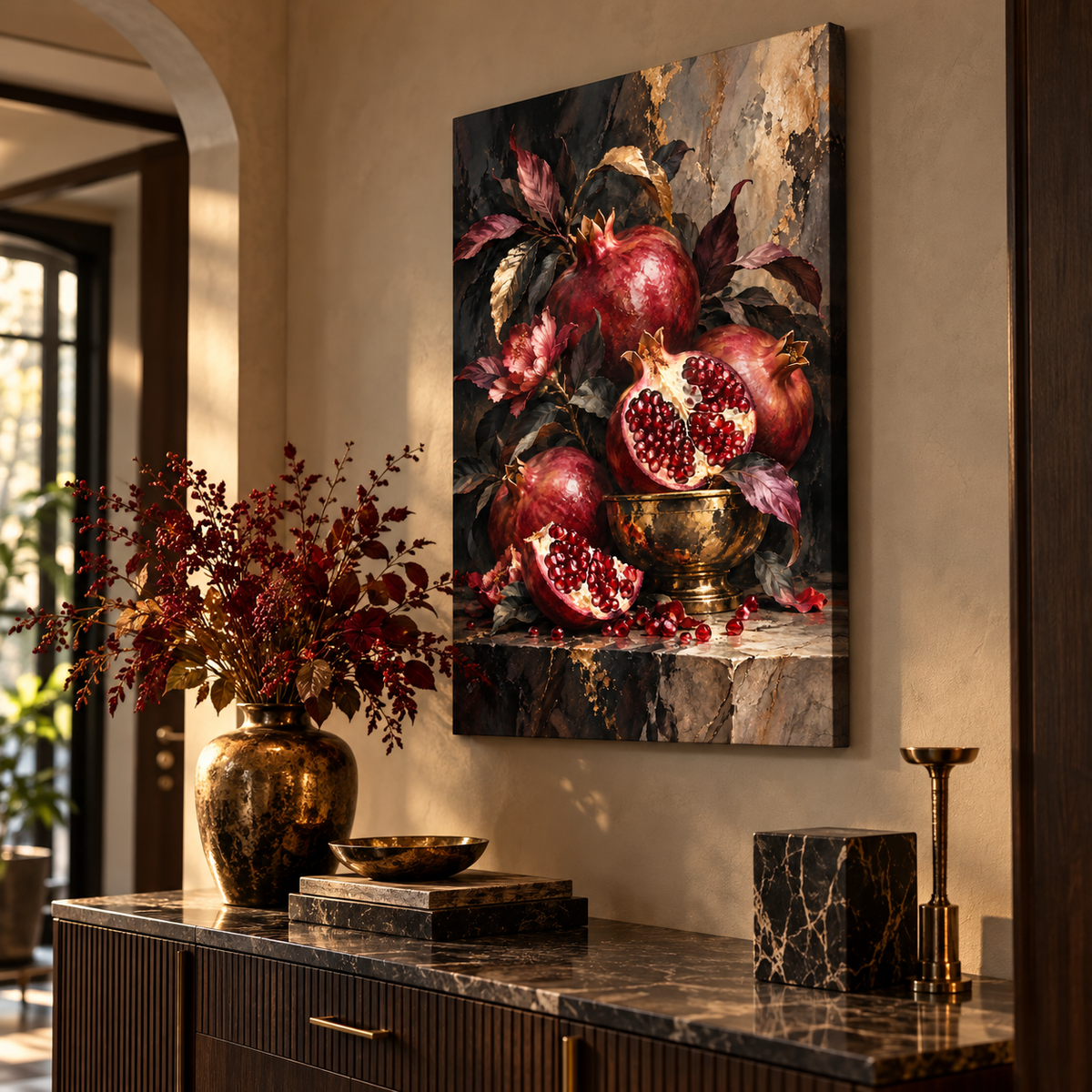 Antik ceviz konsol üzerinde Narvessa nar natürmort kanvas tablo, sağdan çekilmiş şık giriş alanı.