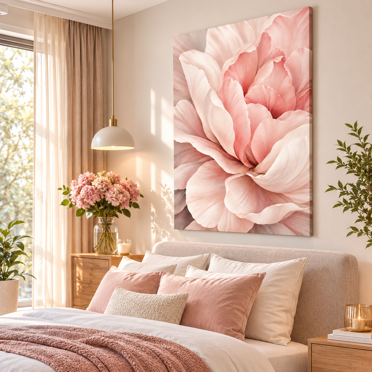 Pudelya şakayık kanvas tablo, pastel tonlarla dekore edilmiş huzurlu yatak odasında.