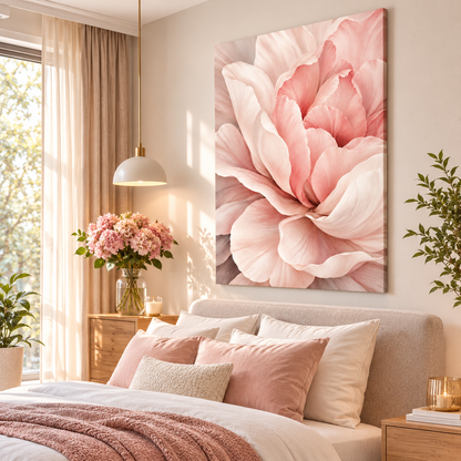 Pudelya şakayık kanvas tablo, pastel tonlarla dekore edilmiş huzurlu yatak odasında.