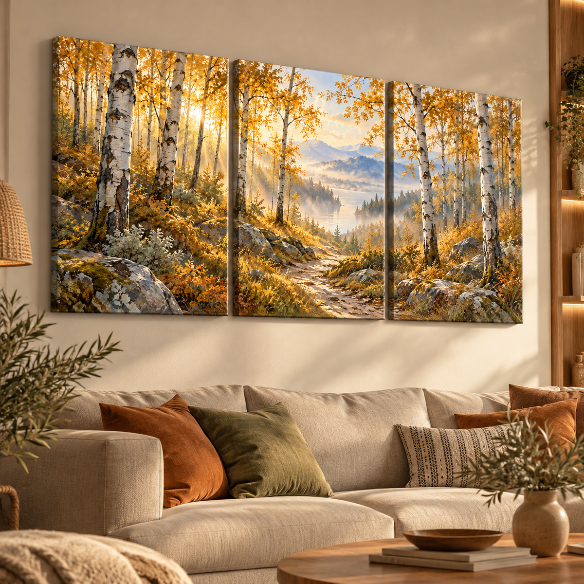 Sonbahra üçlü huş ormanı kanvas tablo, sıcak tonlu modern salon dekorasyonunda koltuk üzerinde.