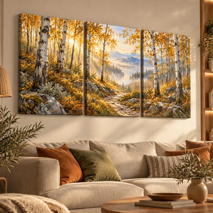 Sonbahra üçlü huş ormanı kanvas tablo, sıcak tonlu modern salon dekorasyonunda koltuk üzerinde.