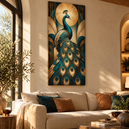 Tavira Art Deco tavus kuşu kanvas tablonun krem koltuklu zarif salon dekorasyonunda soldan görünümü.
