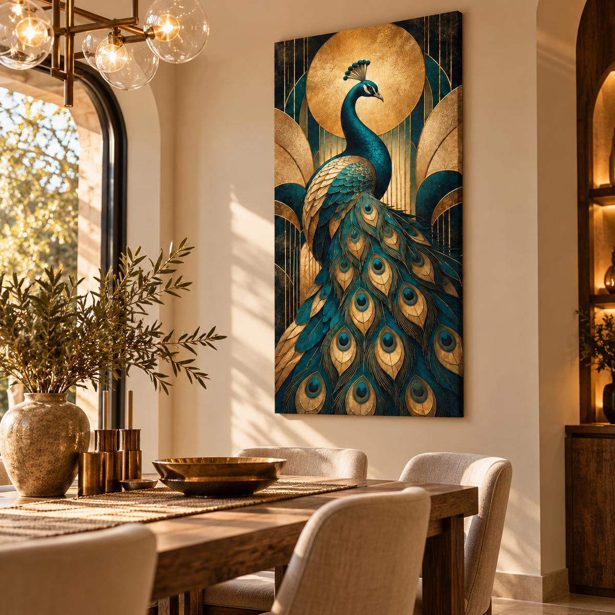 Tavira Art Deco tavus kuşu kanvas tablonun ceviz mobilyalı yemek alanında alçak açıdan görünümü.