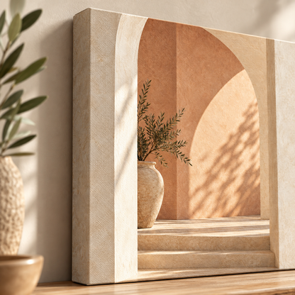 Teralya Akdeniz mimarisi kanvas tablonun terracotta renkleri, zeytin dalı baskısı ve sol kenar sarımını gösteren yakın plan detay.