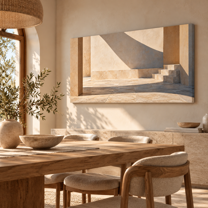 Travera bej mimari kanvas tablo, ahşap yemek masalı minimalist yemek alanında soldan alçak açı.