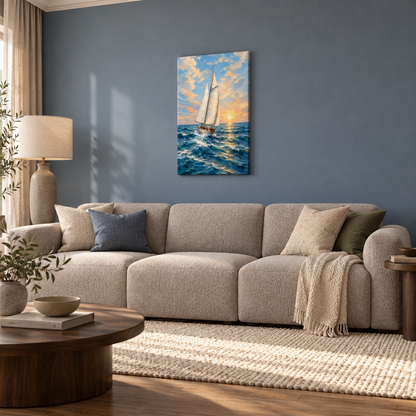 Mavi-gri duvarda, açık gri koltuğun üzerinde yelkenli ve gün batımı temalı Velin kanvas tablo bulunan modern salon.
